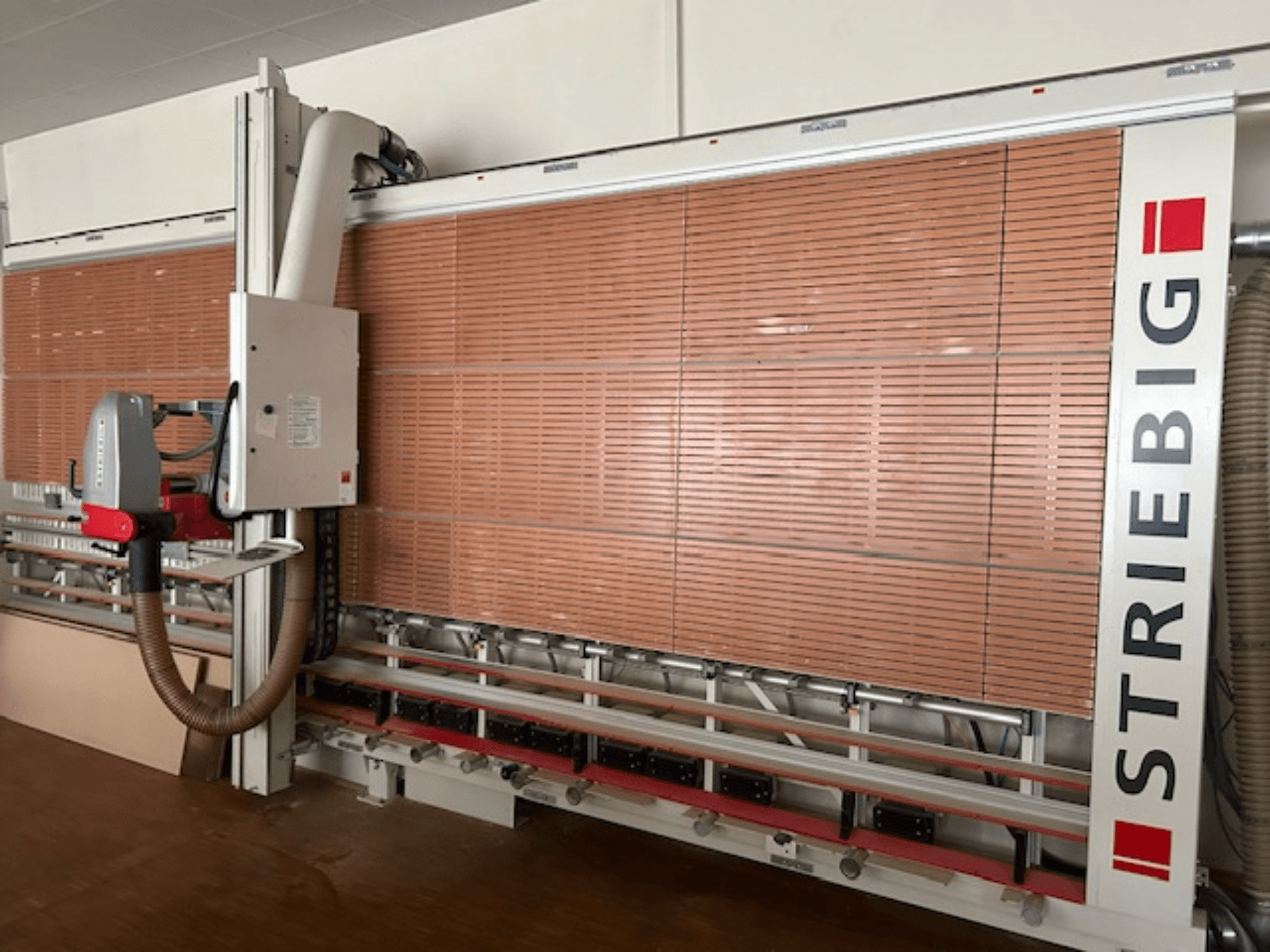 Вертикальна пила для панелей Striebig, вид збоку, з моторизованою головкою, полотнами для різання дерев'яних панелей та системою відсмоктування пилу.