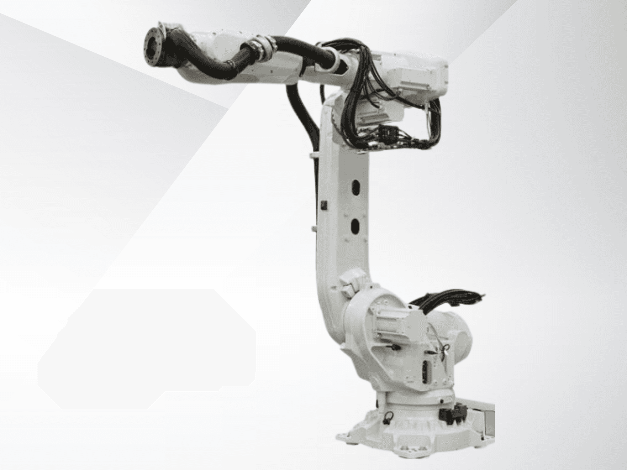 Роботизована рука ABB IRB 6700-245/3.00 у фронтальному ракурсі, що демонструє білий обтічний дизайн із підключеними кабелями та двигунами.