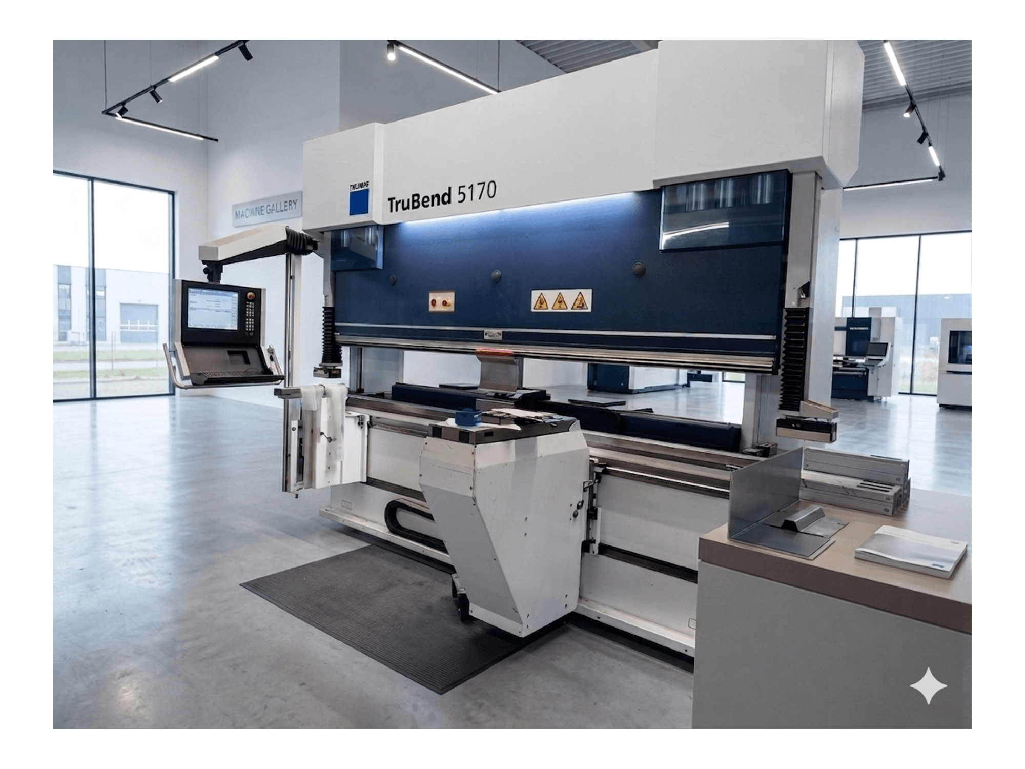 Листозгинальний прес TruBend 5170 від TRUMPF, вигляд спереду з панеллю керування та згинальним столом, що демонструє сучасний дизайн верстата.