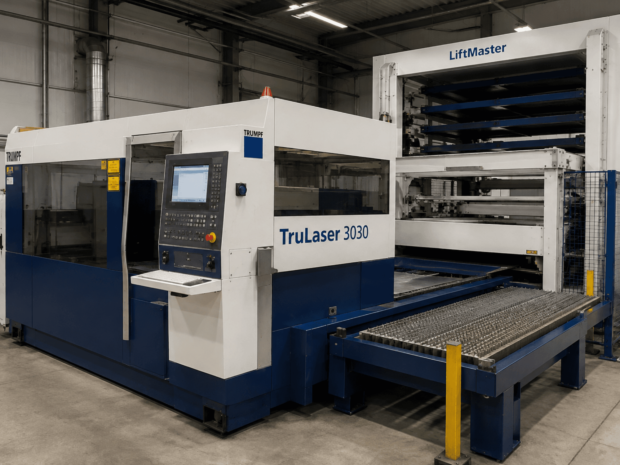 Вигляд спереду лазерного верстата для різання CO₂ TRUMPF TruLaser 3030 з системою LiftMaster, оснащеного панеллю керування та столом для металевих листів.