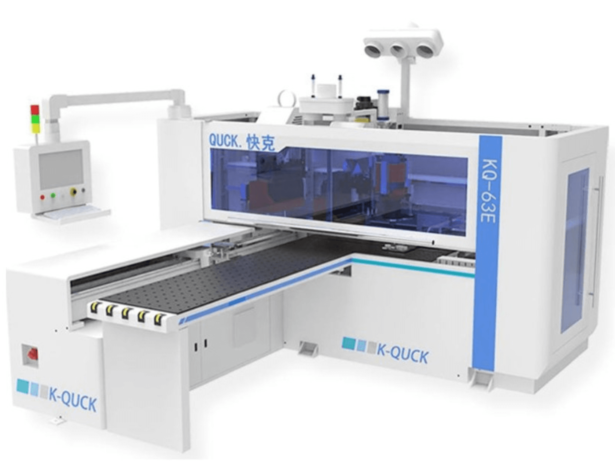 Машина K-QUICK KQ-63E, вид спереду, має панель управління, прозорий корпус і плоский конвеєр з декількома роликами.