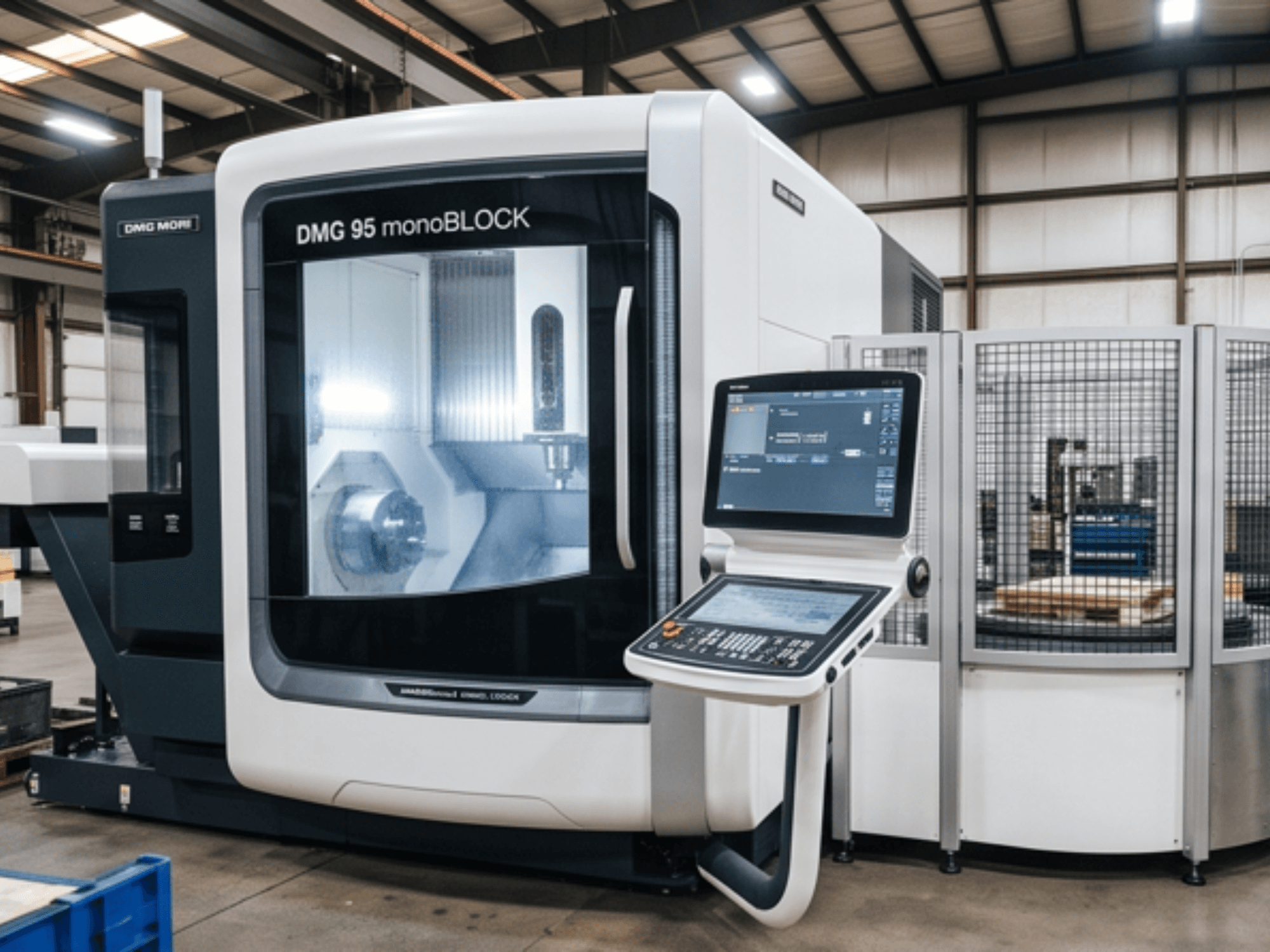 Вертикальний обробний центр DMG MORI DMC 95 monoBLOCK, вид спереду, з панеллю керування та захисним кожухом.