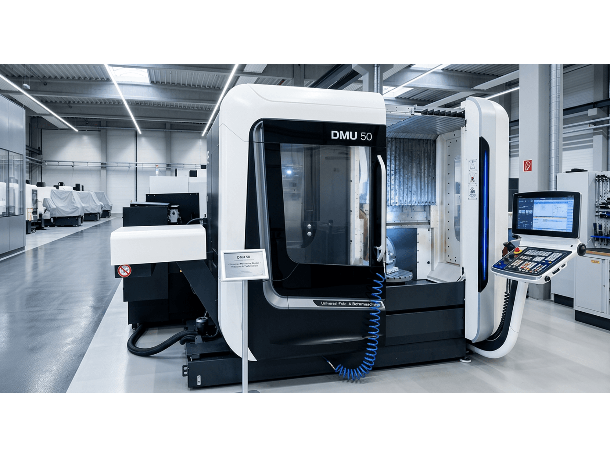 Вертикальний обробний центр DMG DMU 50 у фронтальному ракурсі, на якому видно панель управління та тримач інструменту.