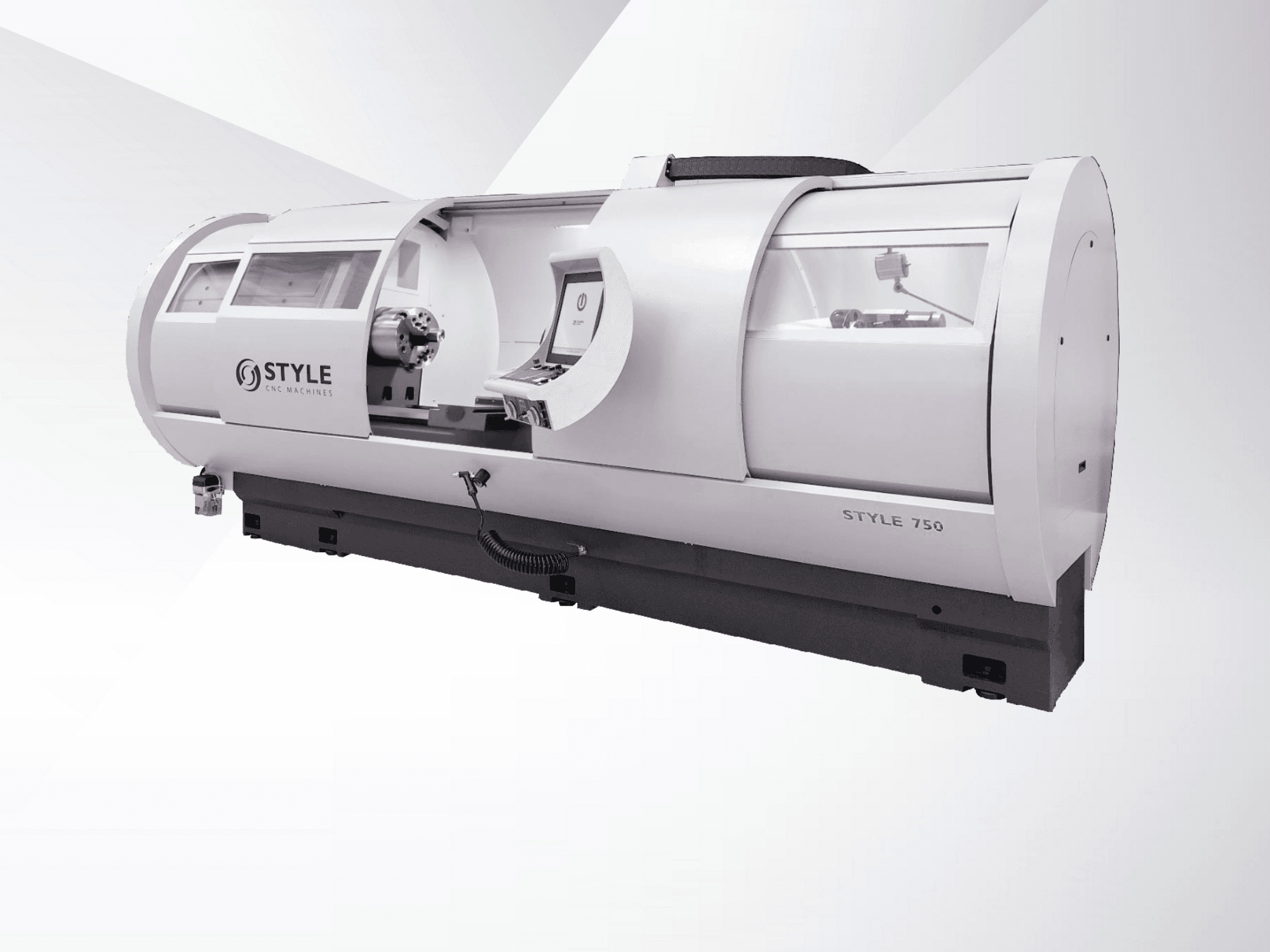 Токарний верстат з ЧПК STYLE 750, вид спереду, має велике вікно, панель управління і точну механіку для передової обробки.