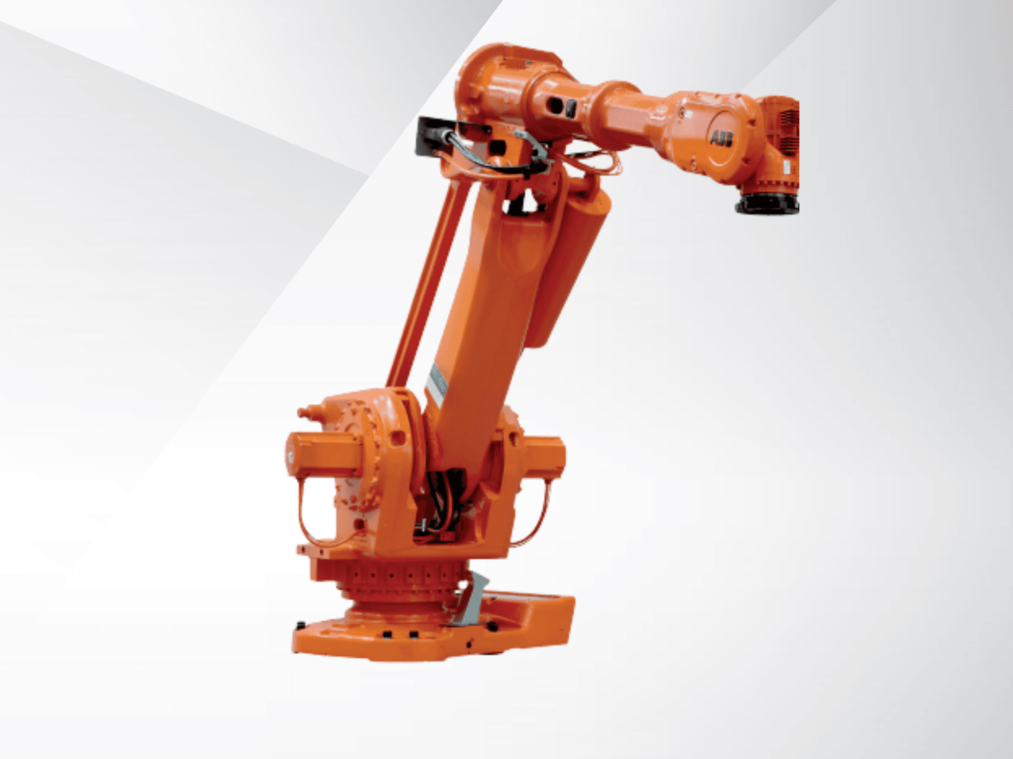 Роботизована рука ABB IRB 6650S-90/3.9 помаранчевого кольору, вид збоку, на якому видно шарніри та основу для промислової автоматизації.