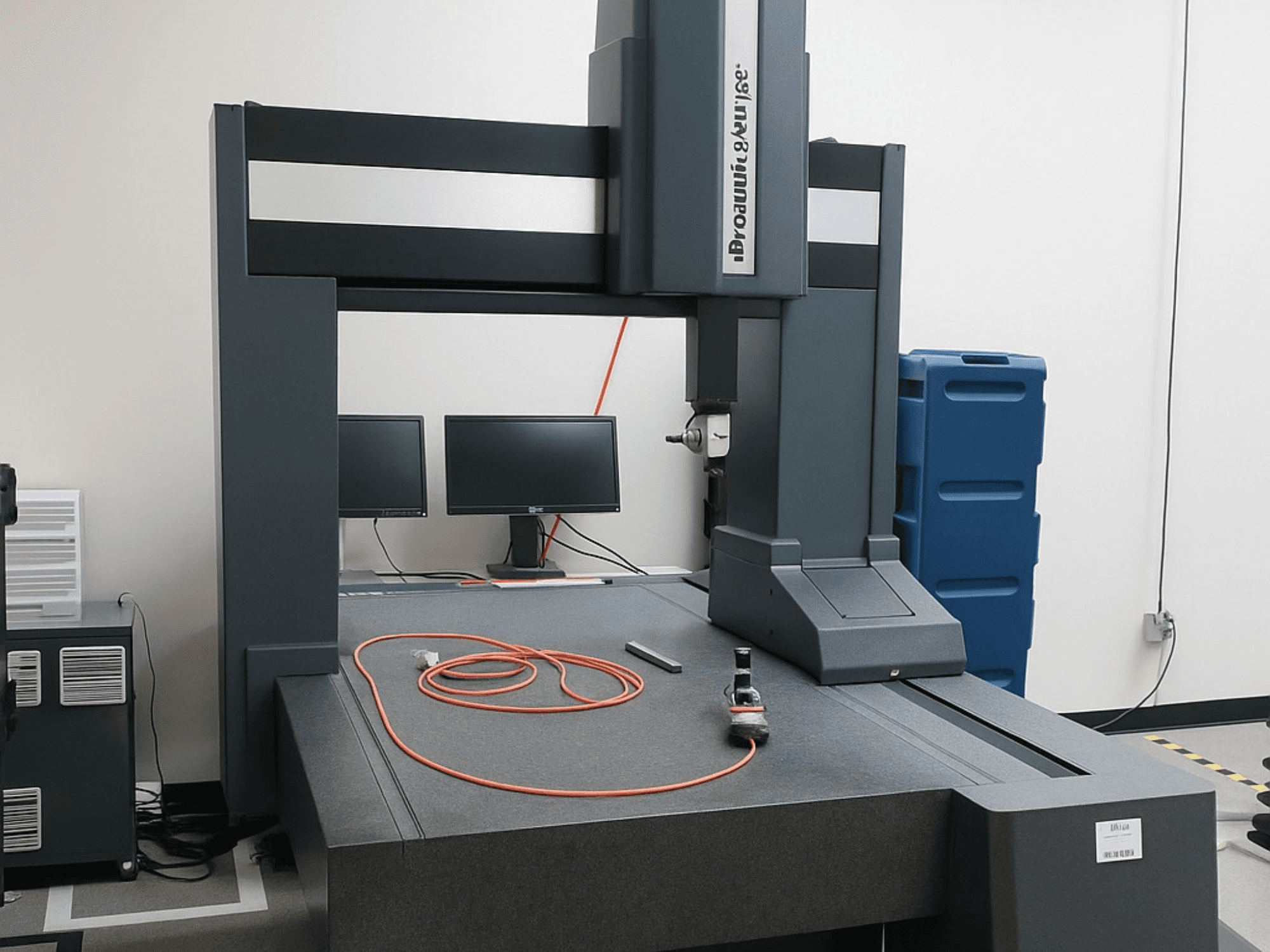 Координатно-вимірювальна машина Brooks Automation з двома моніторами, вид спереду, має сіру стільницю та вимірювальні інструменти.