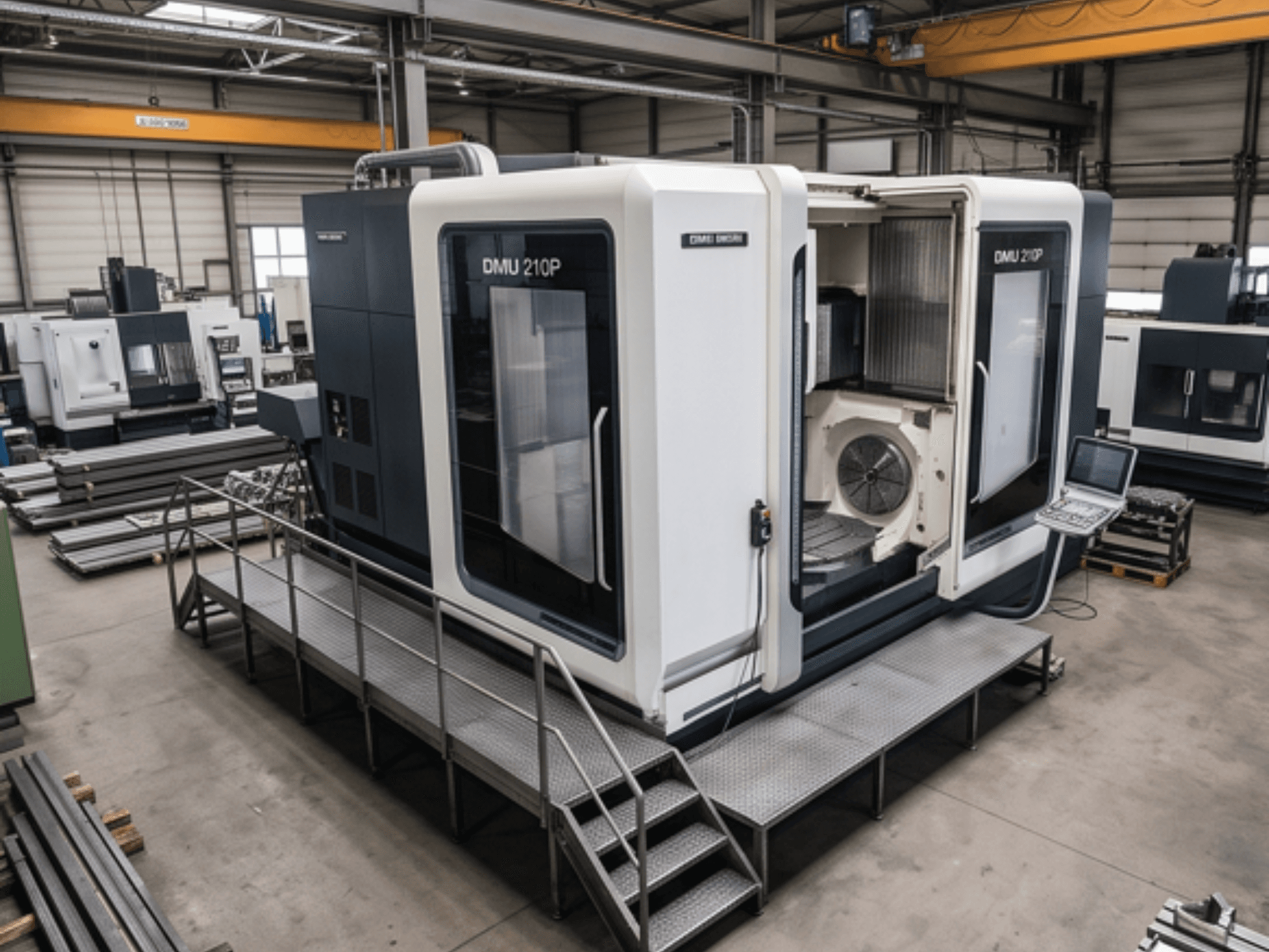 Універсальний обробний центр DMG MORI DMU 210P у цеху, вид збоку, на якому видно панель управління та платформу для доступу.
