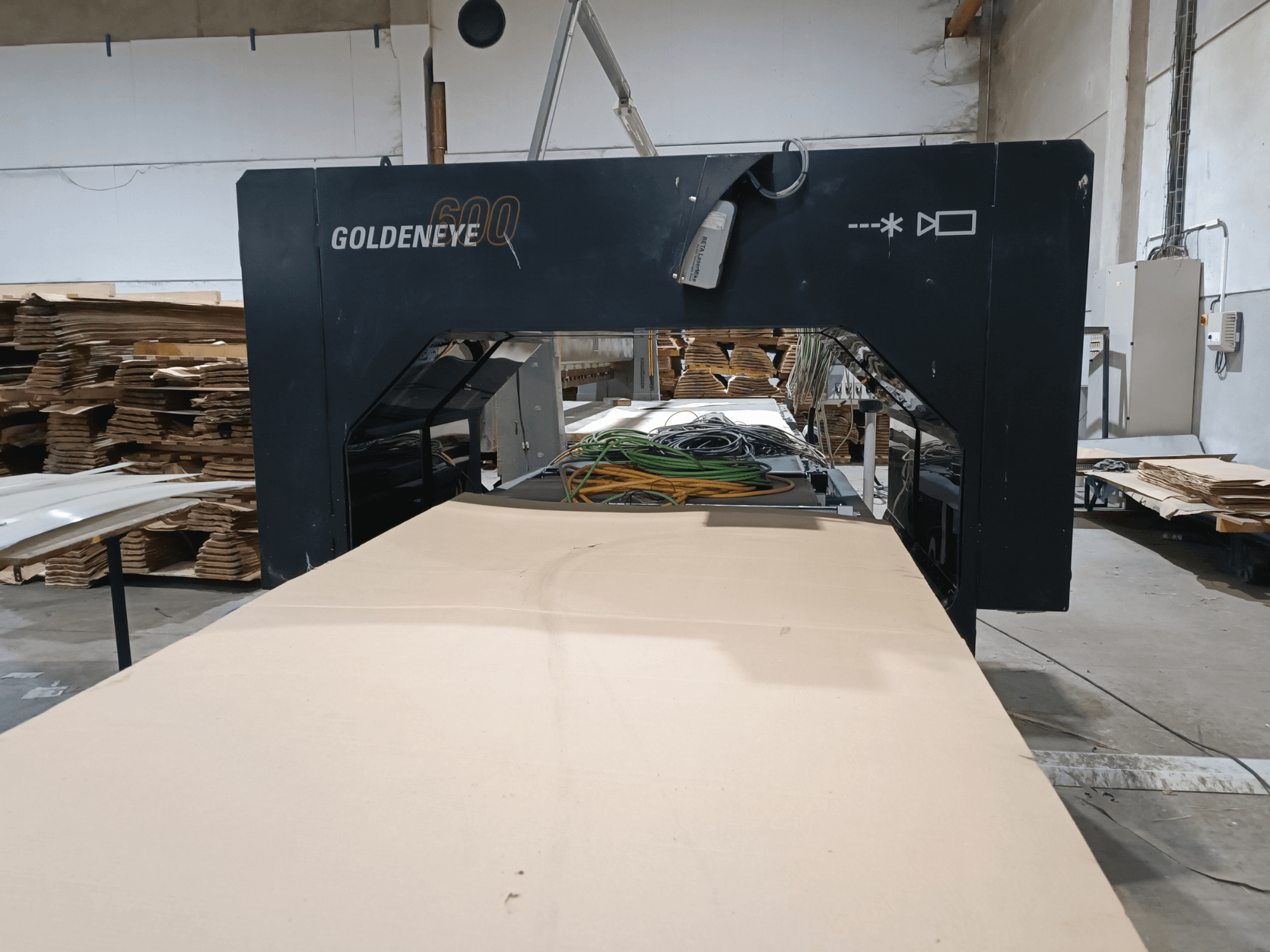Деревообробний верстат Microtec GOLDENEYE GLD 600 DSC, вид спереду, з великою поверхнею різання та обладнанням в умовах майстерні.